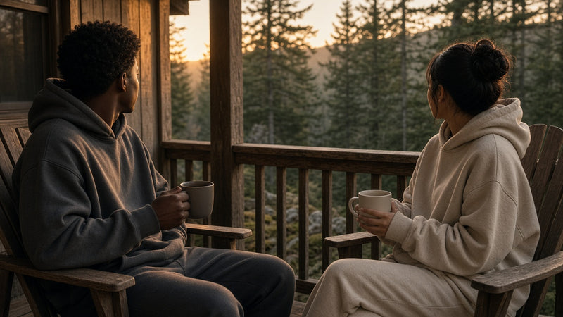 Friends on a porch in hoodies