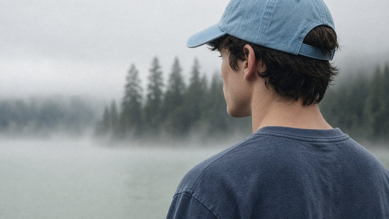 Person in a tee and cap by a lake
