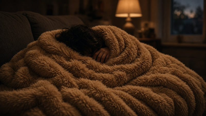 Person under a tan faux fur blanket